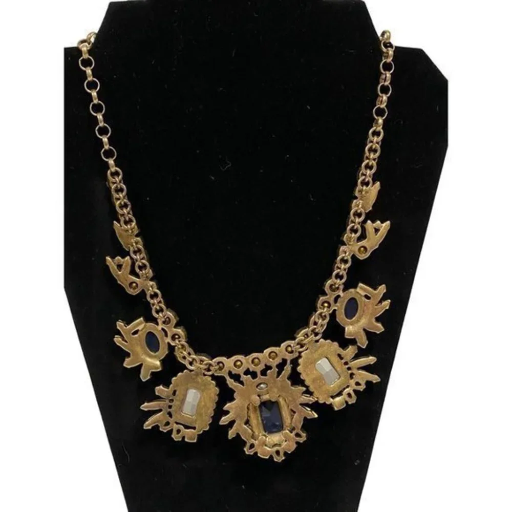 Chunky Gold‎ Tone Statement Necklace Blue Yellow and Clear Rhinestones